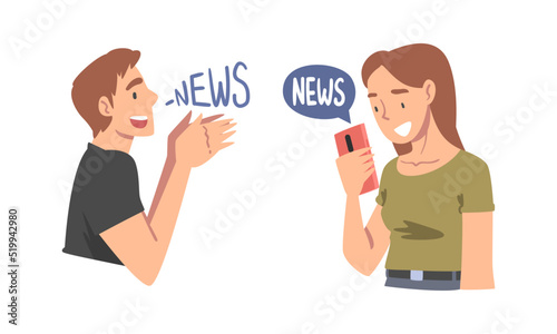 Man and Woman Character Gathering News Scrolling Newsfeed on Smartphone and Talking Vector Set