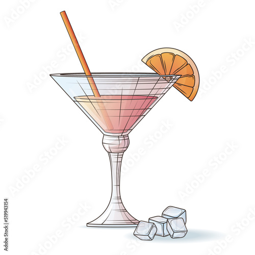 Vector illustration of cocktail in glass with orange slice, ice. Hand-drawn illustration with sketch elements for card design, poster, banner, decoration of menu, bar.