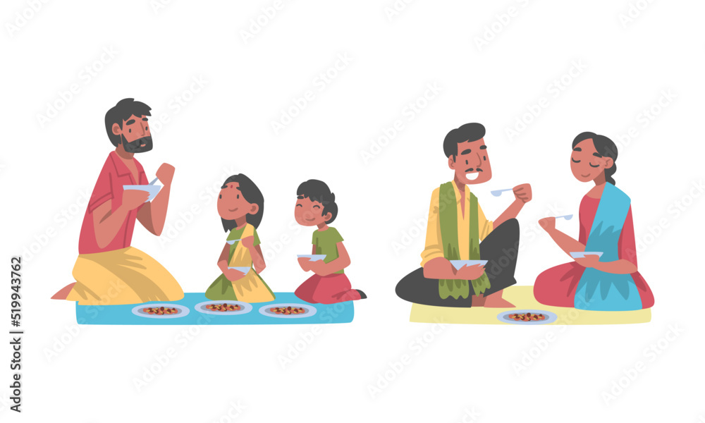 Indian Family with Little Kids Sitting on the Floor Having Meal Together Vector Set Indian Family with Little Kids Sitting on the Floor Having Meal Together Vector Set