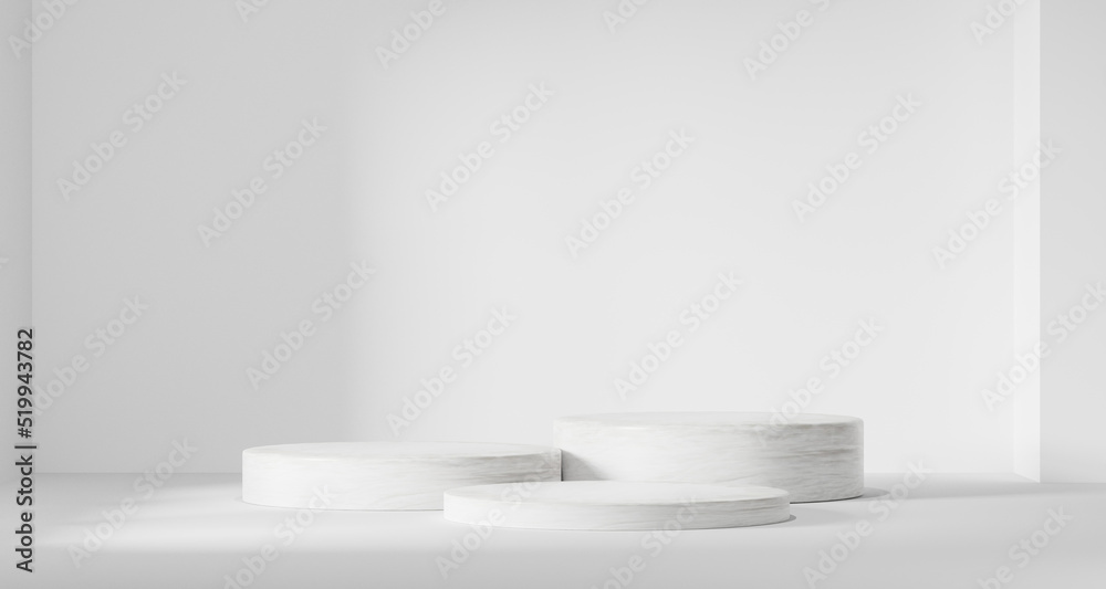 3d background products Show pedestal scenes with geometric platforms white background. with podium. Stand to display cosmetic products on stage. 3D rendering.