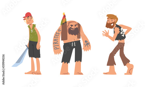 Brutal Man Pirate or Buccaneer Character with Saber and Parrot as Marine Robber Vector Set