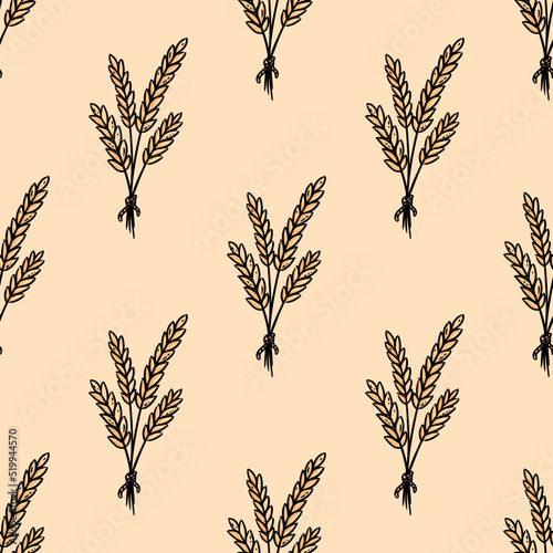 Cute cartoon wheat bundles doodles seamless border pattern. Grain vector repeatable background texture tile. Cozy template of stock print for wrapping design, wallpaper