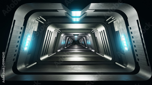 3D rendering empty futuristic neon tunnel hall