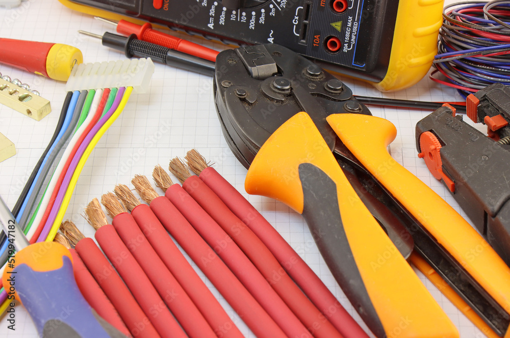 Electrical tools and materials for the installation of an electrical panel. Stock Photo Adobe