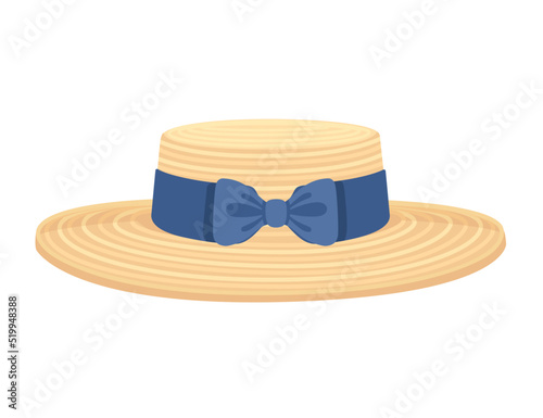 Summer straw hat with blue ribbon and bow vector illustration isolated on white background