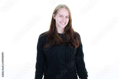 smiling young blonde woman pretty beautiful girl in black sweater