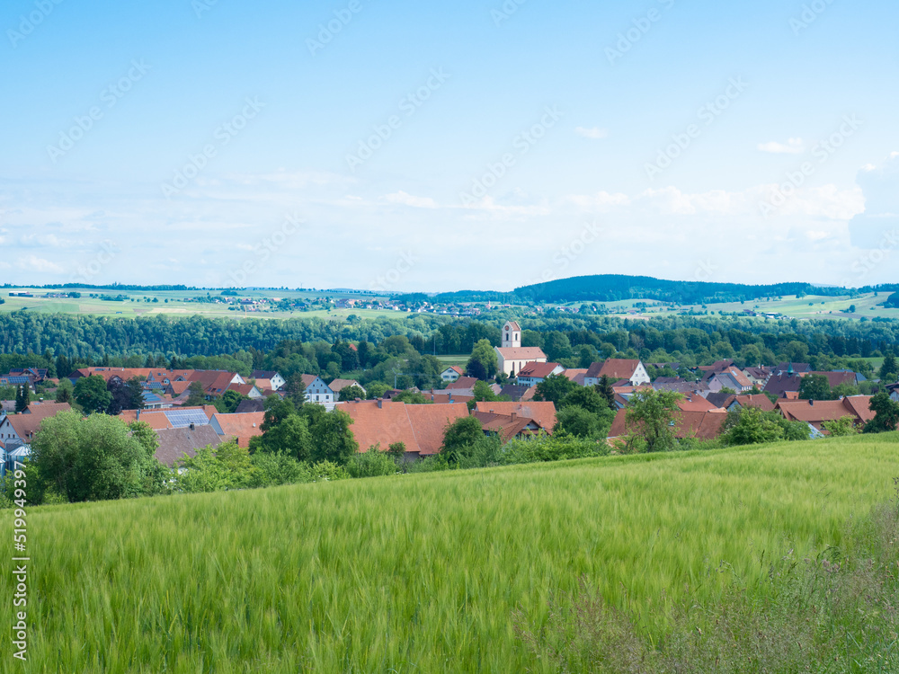 Black Forest, Germany - May 29th 2022: View over the hills towards the beautiful village Muenchingen.