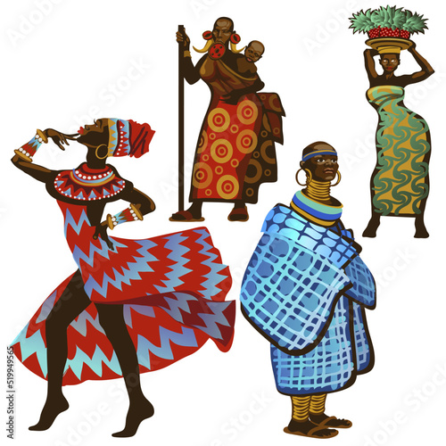 African women in national costumes. Isolated on a white background.
