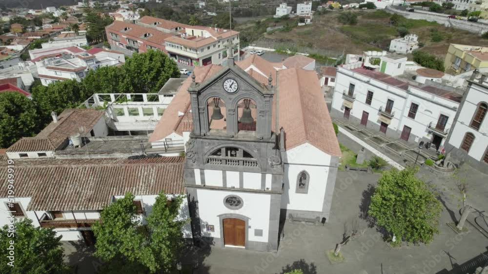 Topdown view of San Roque church in Firgas town, Gran Canaria, Spain. Aerial Orbiting Topdown view of San Roque church in Firgas town, Gran Canaria, Spain. Aerial Orbiting