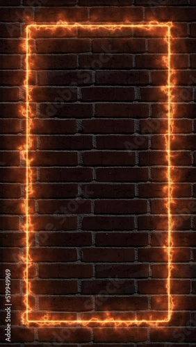 Neon electric flame sign frame on dark brick wall urban background copy space for text, vertical video for social media photo