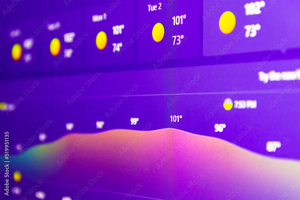 Weather forecast interface on a digital display showing hot weather for the next days.Selective focus.