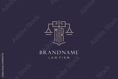 Initial letter MR logo with scale of justice logo design, luxury legal logo geometric style