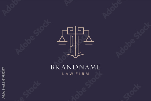 Initial letter PL logo with scale of justice logo design, luxury legal logo geometric style