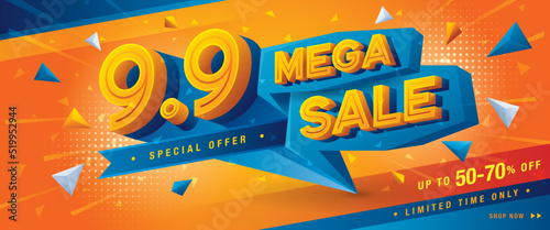 9.9 Shopping Day Mega Sale Banner Template design special offer discount. Abstract Geometric Web Header template design for Sale and discount promotion
