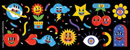 Cartoon abstract groovy comic funny emoji characters. Funny cartoon characters in trendy retro style. Earth, flower, cloud, patch, rainbow, berry, apple, wind, lip, sun, night, abstract faces etc.