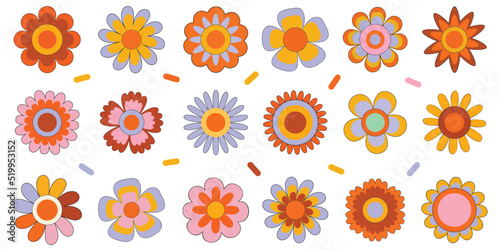 Groovy flower pack in trendy retro hippie 60s, 70s style. Cartoon trendy retro style flower set. Cute comic doodle stickers, hallucination and psychedelic sticker.