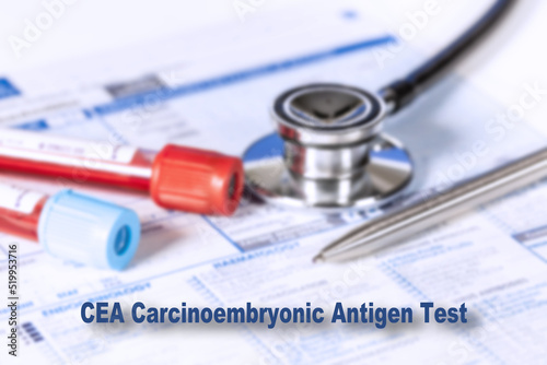 CEA Carcinoembryonic Antigen Test Testing Medical Concept. Checkup list medical tests with text and stethoscope photo