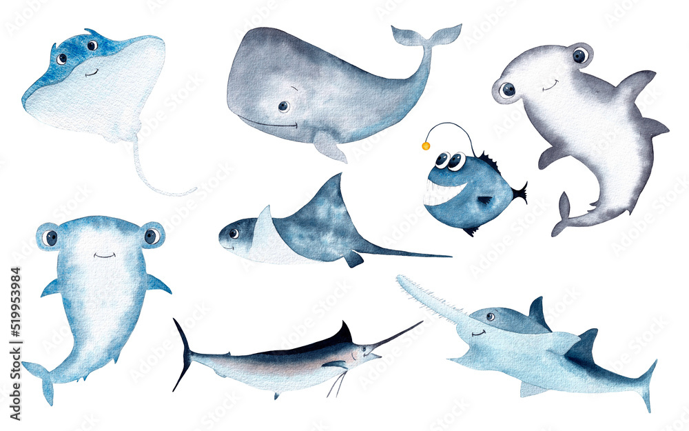 Fototapeta premium Watercolor set of hand-drawn marine illustrations. Marine clip art. Ocean, sea inhabitant.