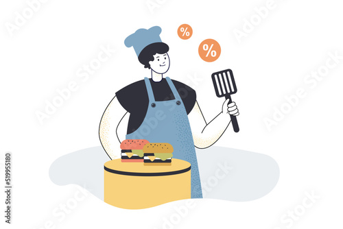 Happy cartoon chef with hamburgers, spatula and discount symbols. Man in chef hat cooking burgers or junk food flat vector illustration. Fast food, sale concept for banner or landing web page