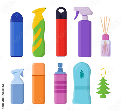 Different kinds of air fresheners vector illustrations set. Liquid with fresh smell in bottles, diffusers or sprays of different shapes isolated on white background. Cleaning, household concept