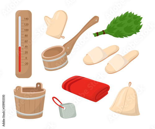 Different sauna accessories vector illustrations set. Cartoon drawings of Russian sauna or bathhouse elements, ladle, mittens, towel, hat isolated on white background. Spa, relaxation concept