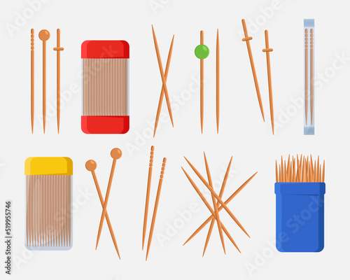 Toothpicks for cocktails or food vector illustrations set. Wooden picks or sticks for drinks or picking teeth isolated on white background. Food, dental or oral hygiene, party concept