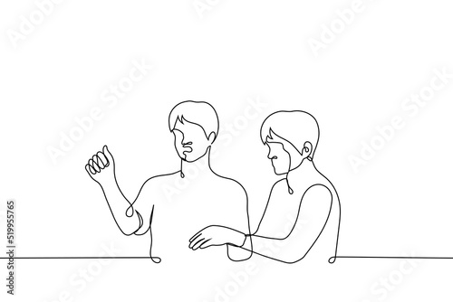 man shakes his fist calms him down or takes him away with another - one line drawing. concept indignant or angry customer yells his friend or security pulls his hand