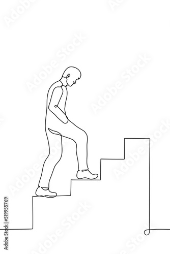 man climbs steep stairs - one line drawing. concept career ladder, path to success