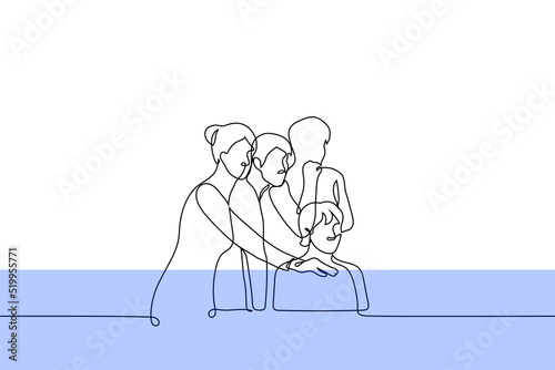 group of people is standing next to a colleague sitting at a desk and they are all looking at a large screen on the wall or a hologram - one line drawing