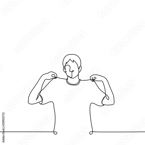 man padded his t-shirt to show - one line drawing. young guy pinched his t-shirt on his shoulders concept advertising custom t-shirts, sale of plain t-shirts without design