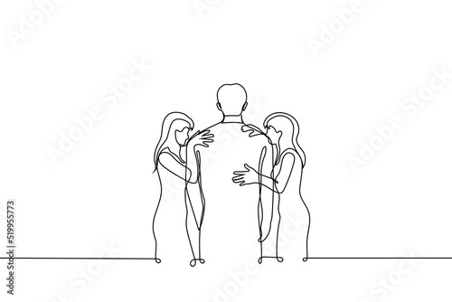 women stuck around the man from two sides - one line drawing. the concept of female competition for a lover, bigamist, popular male seducer (womanizer)