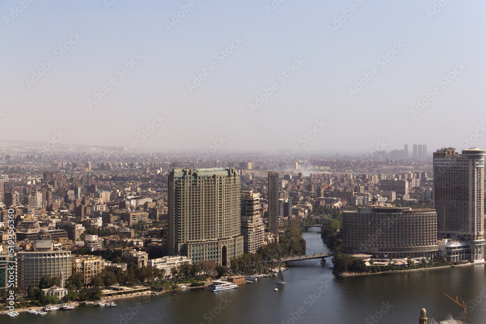 Arial view of Cairo buildings along the Nile