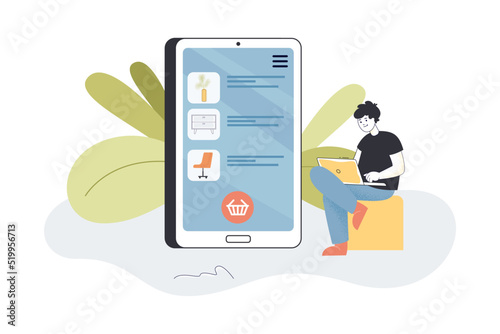 Huge phone with online store and man buying furniture via laptop. Person adding items to virtual basket flat vector illustration. Furniture, shopping, ecommerce concept for banner or landing web page
