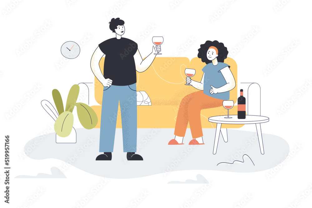 Man and woman drinking wine at home flat vector illustration. Couple having date or romantic dinner. Love, romance, relationship concept for banner, website design or landing web page