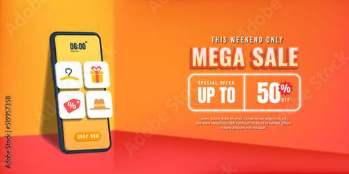 Mega Sale banner design in 3d illustration on yellow background. Sale on Smartphone with tag discount design elements