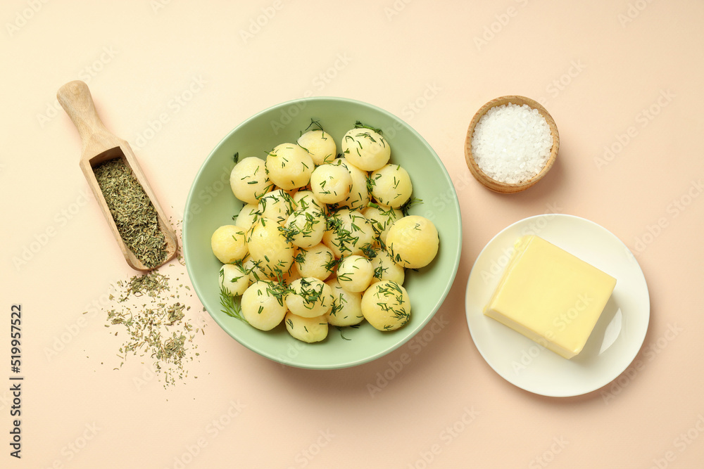 Concept of tasty food with boiled young potatoes, top view Concept of tasty food with boiled young potatoes, top view