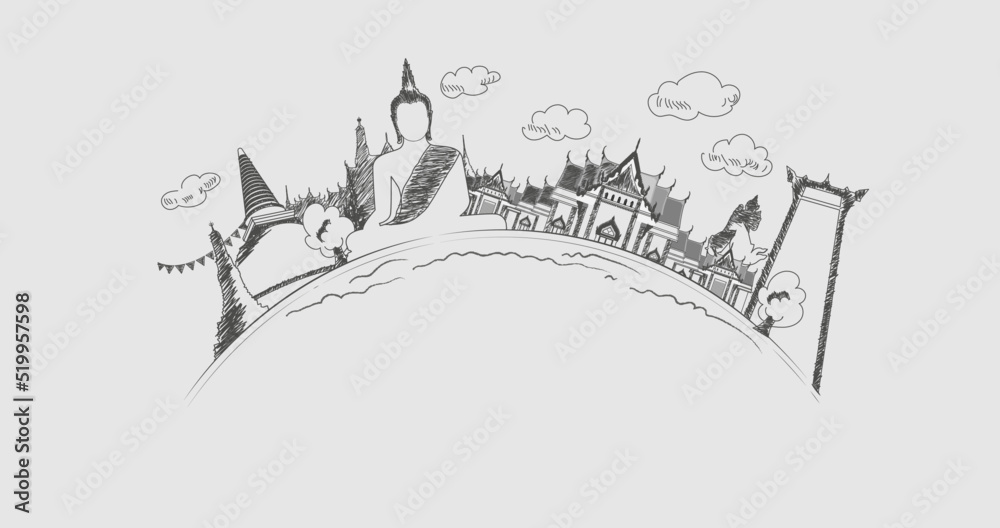 Temple religion-buddha line drawing big buddha statue black and white Template banner with copy space vector background - Buddha and temple landmarks Thailand travel concept