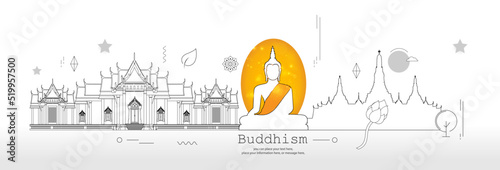 Banner buddha sits and temple flat draw lines design outline vector stroke on white panorama background with copy space