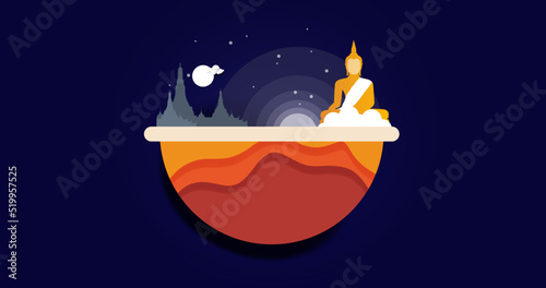 Buddha temple religion of night vector background paper art and minimal style