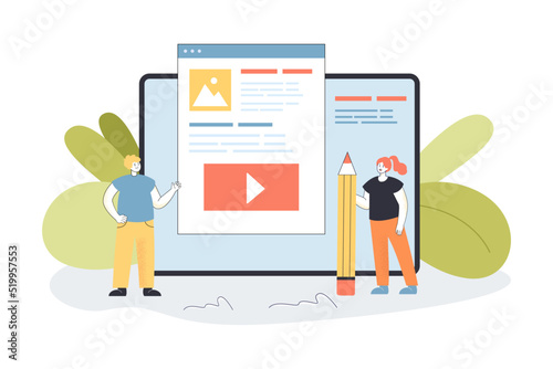 Tiny cartoon content creators making blog together. Man and woman with huge pencil making page flat vector illustration. Creativity, teamwork, content, social media concept for banner, website design