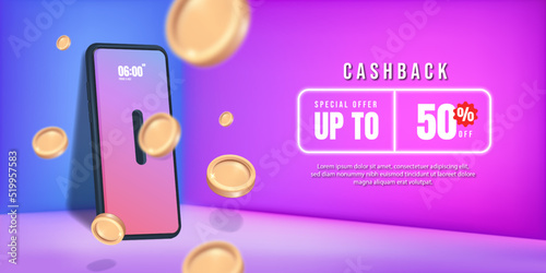 Cashback and money refund icon concept. 3D banner template design with neon glowing lightning icons. Advertising campaign special discount 50% to promote sales.