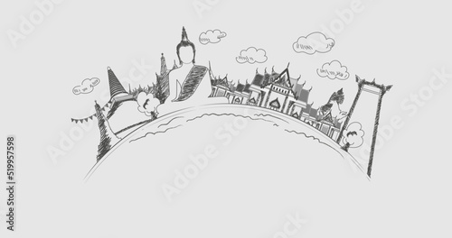 Temple religion-buddha line drawing big buddha statue black and white Template banner with copy space vector background - Buddha and temple landmarks Thailand travel concept