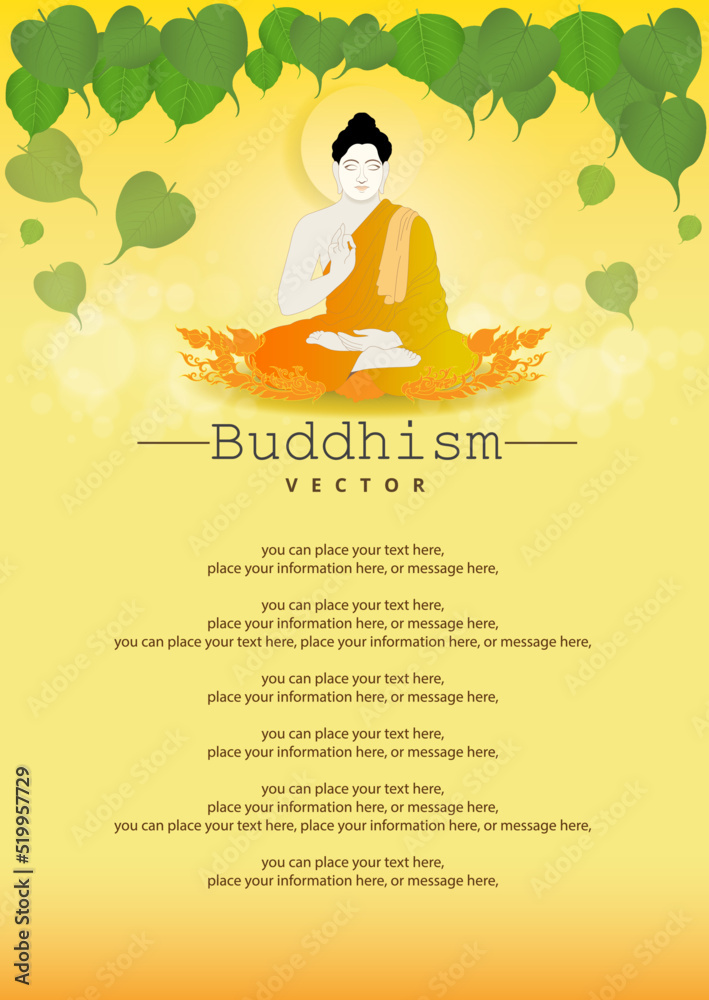 Buddhism buddha sits meditating with pho leaves vector background - Buddhism holidays culture Thailand, banner template poster