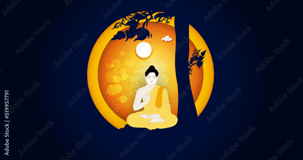 Buddhism buddha sits with circle paper art at bodhi tree vector background - Vesak day holidays culture Thailand, banner template design