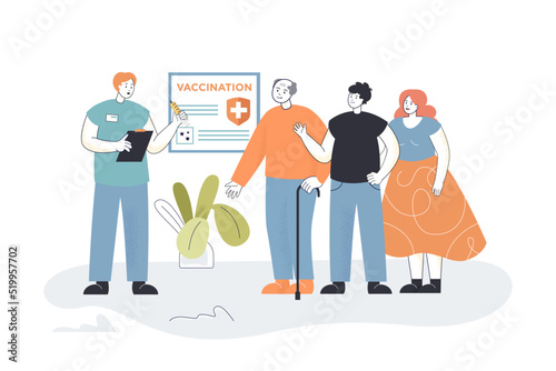 Doctor and queue of people for vaccination. Cartoon persons getting vaccinated, covid treatment flat vector illustration. Healthcare, coronavirus, medicine concept for banner or landing web page