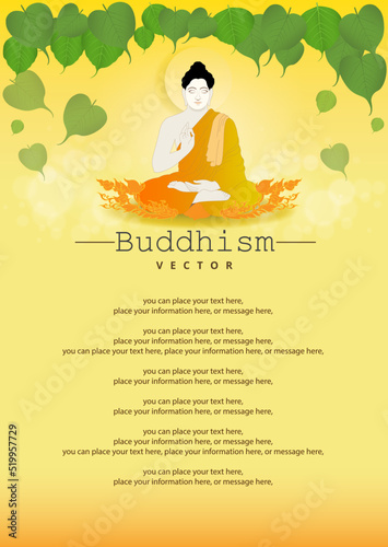 Buddhism buddha sits meditating with pho leaves vector background - Buddhism holidays culture Thailand, banner template poster © chayanit