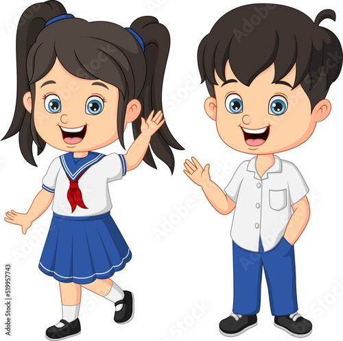 Cute school children cartoon waving hands