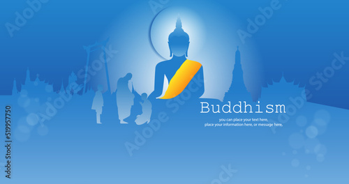 Culture buddha pay alms to monks, Vesak big buddha in shadow at beautiful moonlight blue vector background - Buddhism holidays culture Thailand, banner template design