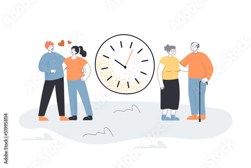 Big clock between happy young and old couples. Cartoon husband and wife spending lives together flat vector illustration. Time, love, romance, family concept for banner, website design or landing page