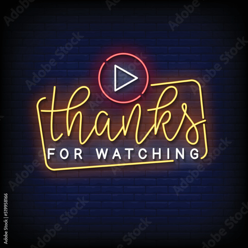 Neon Sign thanks for watching with Brick Wall Background Vector